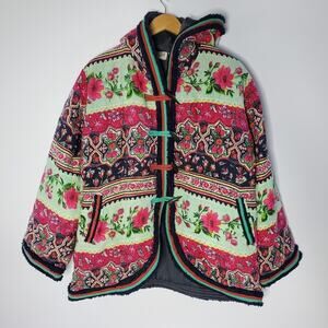 Tushar Handworks hooded Green Floral Hooded quilted Jacket Size XL